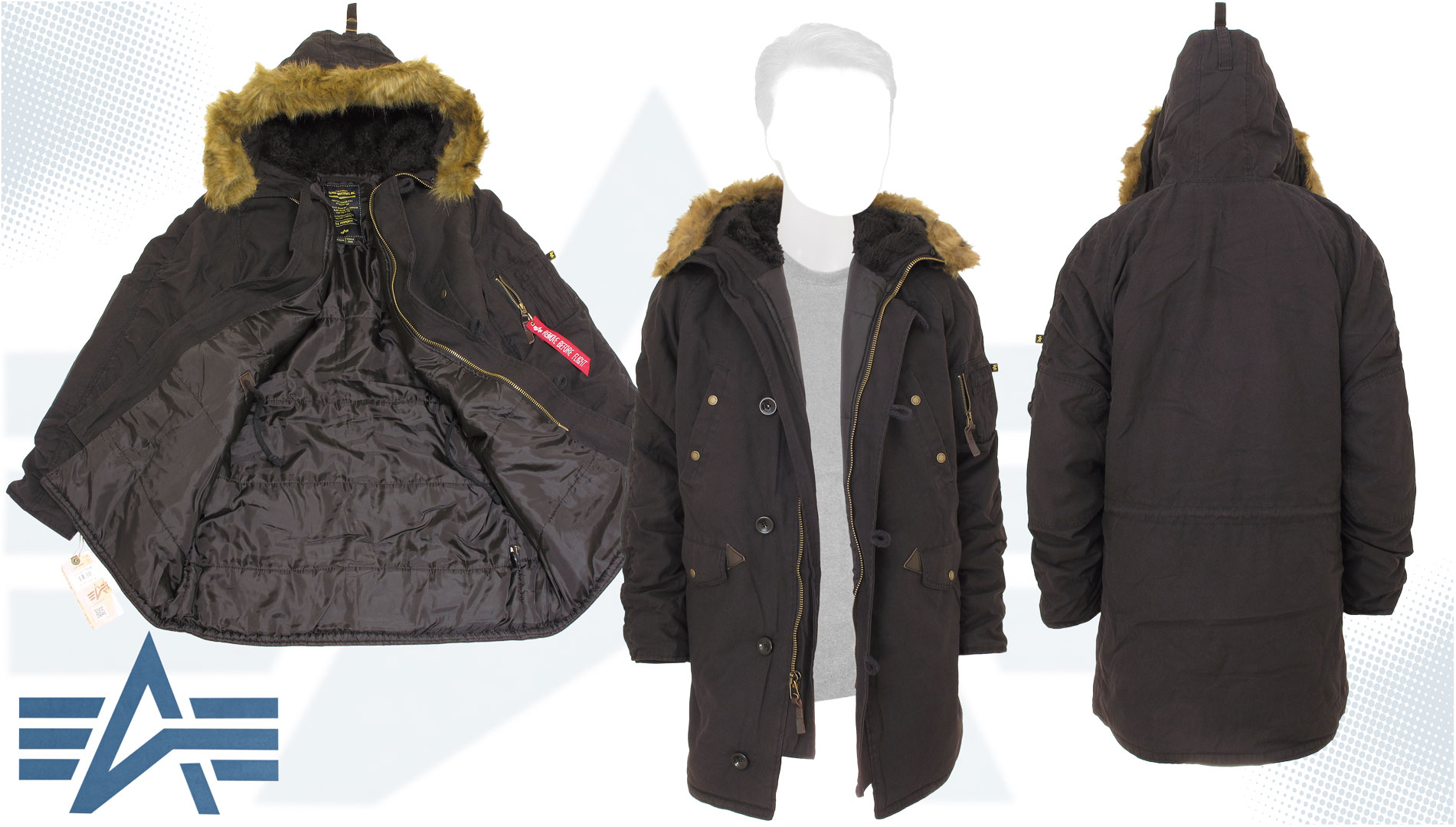  "Slim Fit N-3B Cotton Parka" Black Alpha