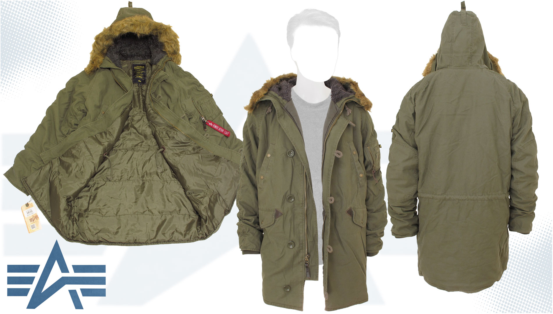  "Slim Fit N-3B Cotton Parka" Olive Green Alpha